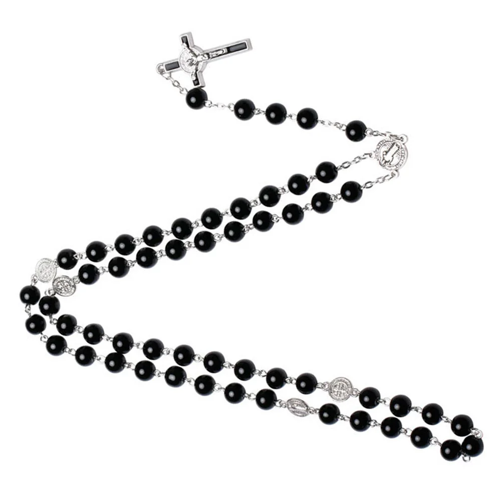 

Rosary for Women Spiritual Room Decor Glass Beads Crucifix Black