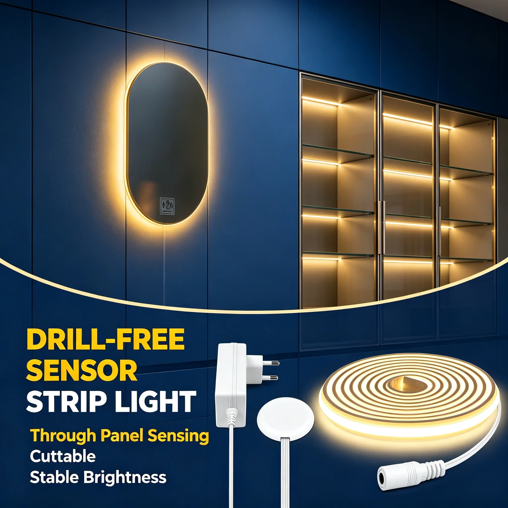Touch‑Sensing Solid Silicone Neon LED Strip Kit, Dimmable Hand Sweep Control, No‑Drill Through‑Panel Sensor for Bathroom Mirror