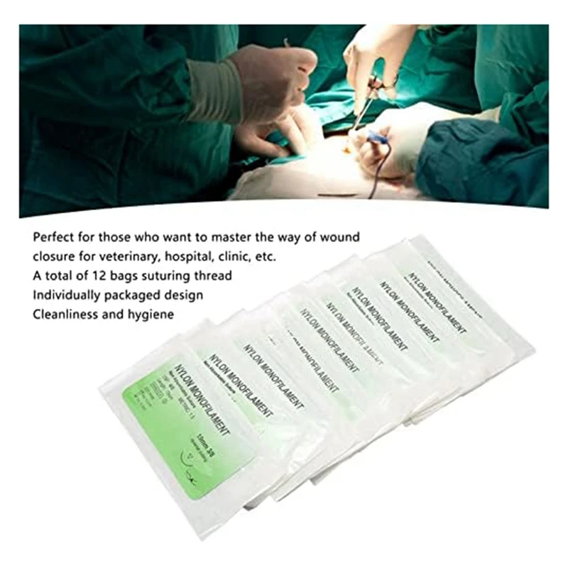 12Pcs Suture Practice Thread Individual Package Suturing Thread Set With Curvedneedle And Nylon Materials (4/0)