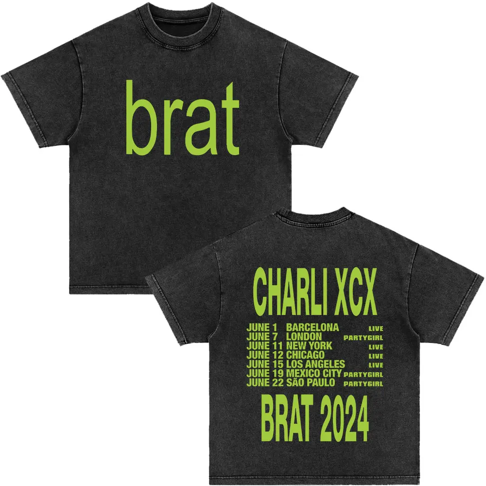 Charli Xcx with Special Guest Shygirl T-Shirts Brat Album 2024 Tour Vintage Washed T-shirt Men/Women Clothing Cotton T Shirt Top