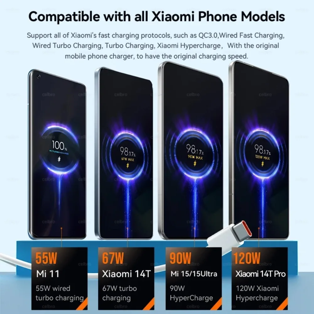 120W 90W 67W 6A USB Type C Original Cable Fast Turbo Charge Kable For Xiaomi Mi 17 15T 14 14T 13 12 Redmi Note 15 Poco X7 Pro F6