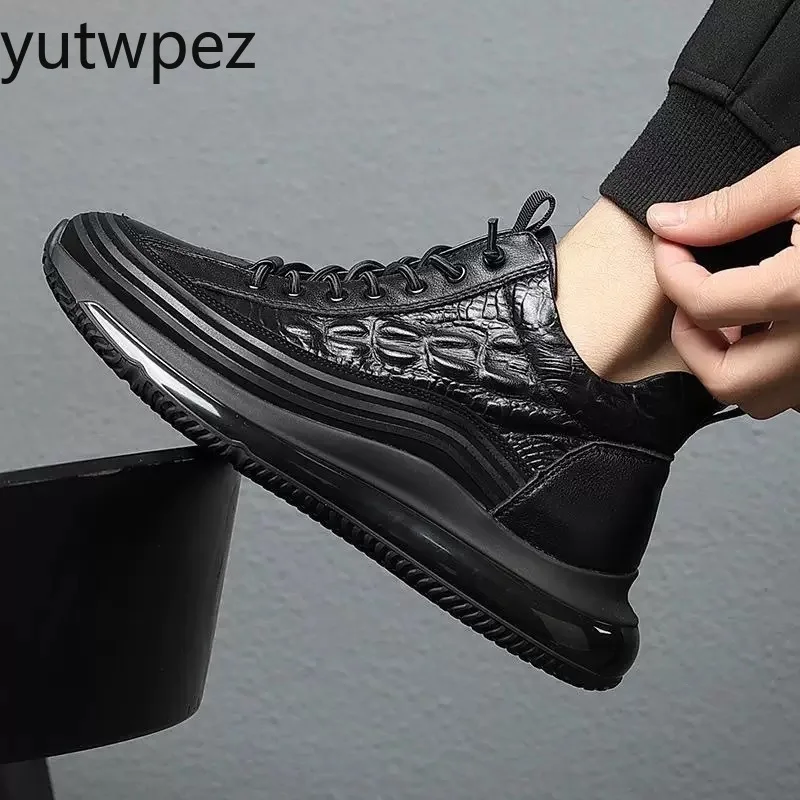 

Men's Winter Thick Bottom Casual Shoes Light Luxury Fashion Air Cushion Cowhide Crocodile Print Sneakers Height Lifting Non-Slip