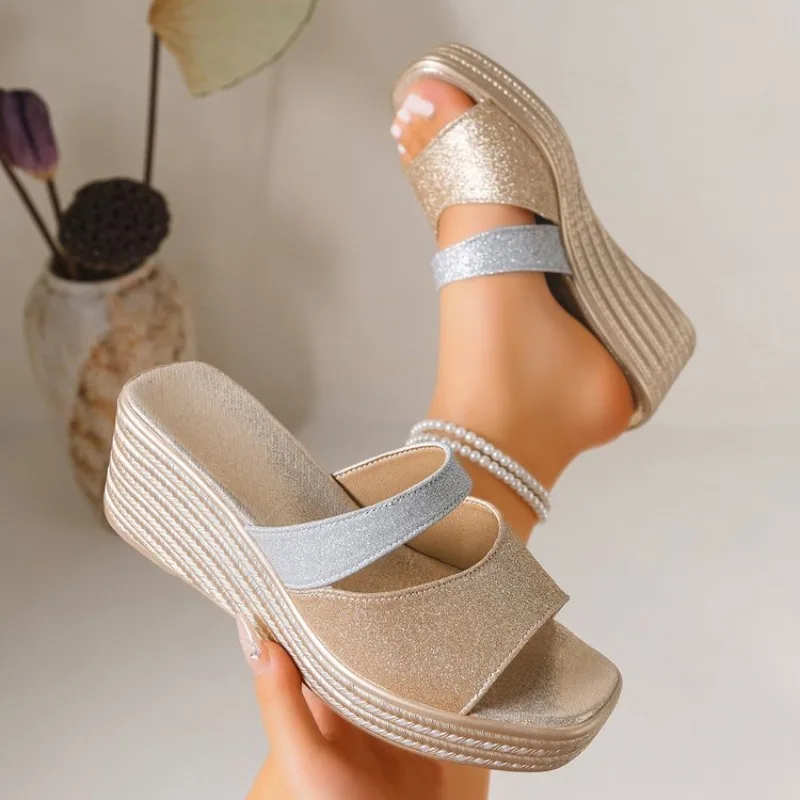 

Summer Women Wedges Slippers Luxury Platform Slippers Sexy Open Toe Women Shoes Shiny High Heels Shoes Outdoor Slides Women