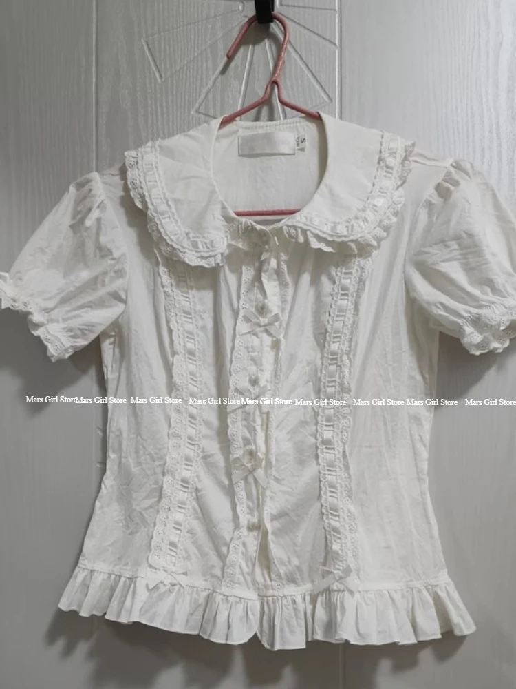 Japanese Lolita Sweet Girls Short-sleeved Tops Women Goth Lace Bow Shirt Single-breasted Blouse Cute Doll Collar Slim Tees New