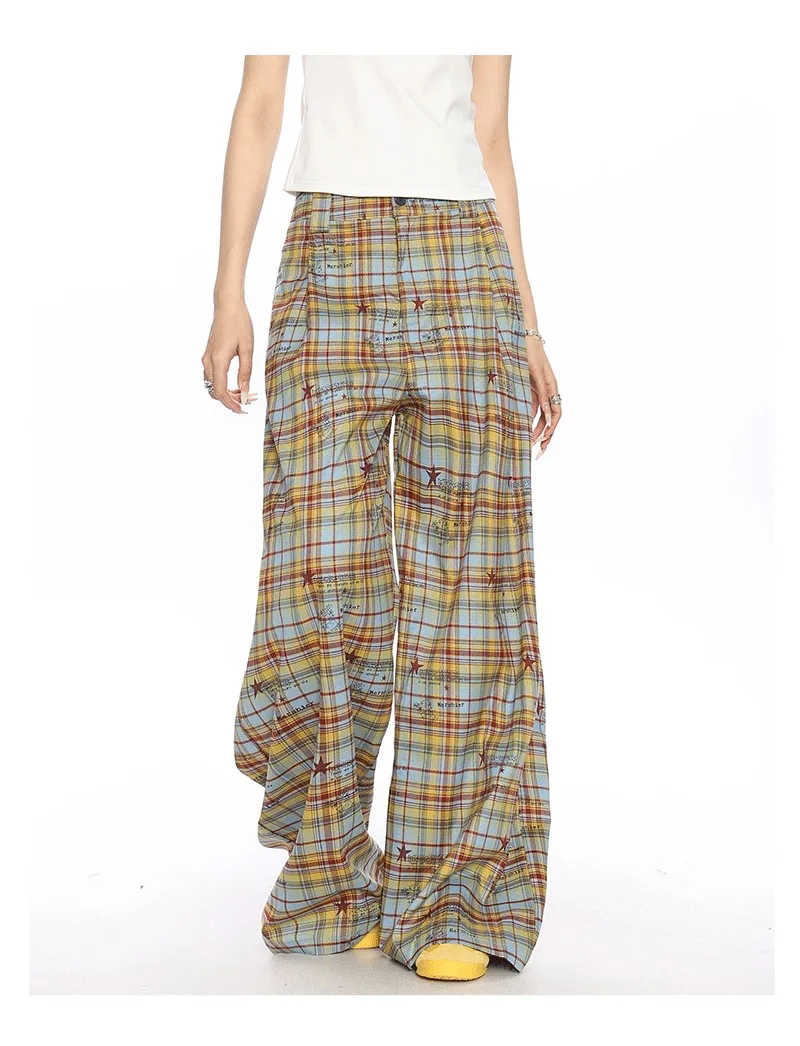 

Y2K женская уличная одежда Harajuku винтажные сине-желтые клетчатые брюки повседневные спортивные штаны с высокой талией широкие мешковатые брюки 2000s одежда