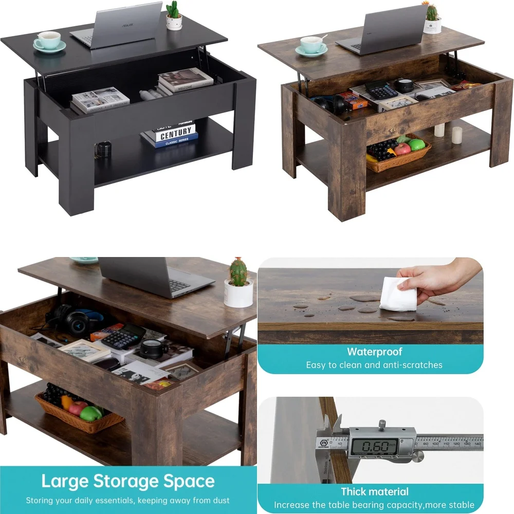 

Café TablesLift Top Coffee Table with Hidden Storage and Shelf for Living Room Space Saving Design