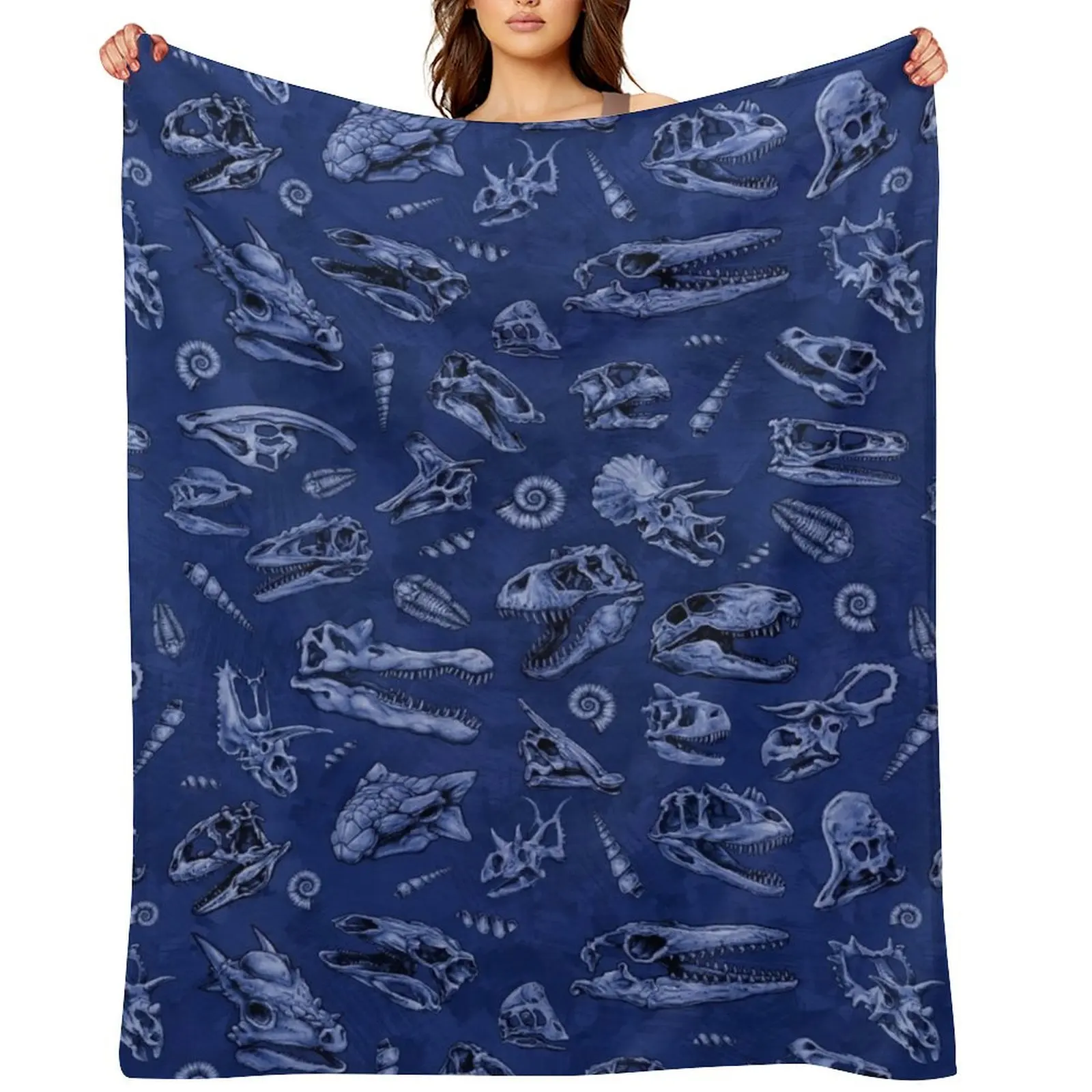 

Dinosaur skull sketch tiled pattern blue Throw Blanket Plaid on the sofa Baby funny gift Multi-Purpose Blankets