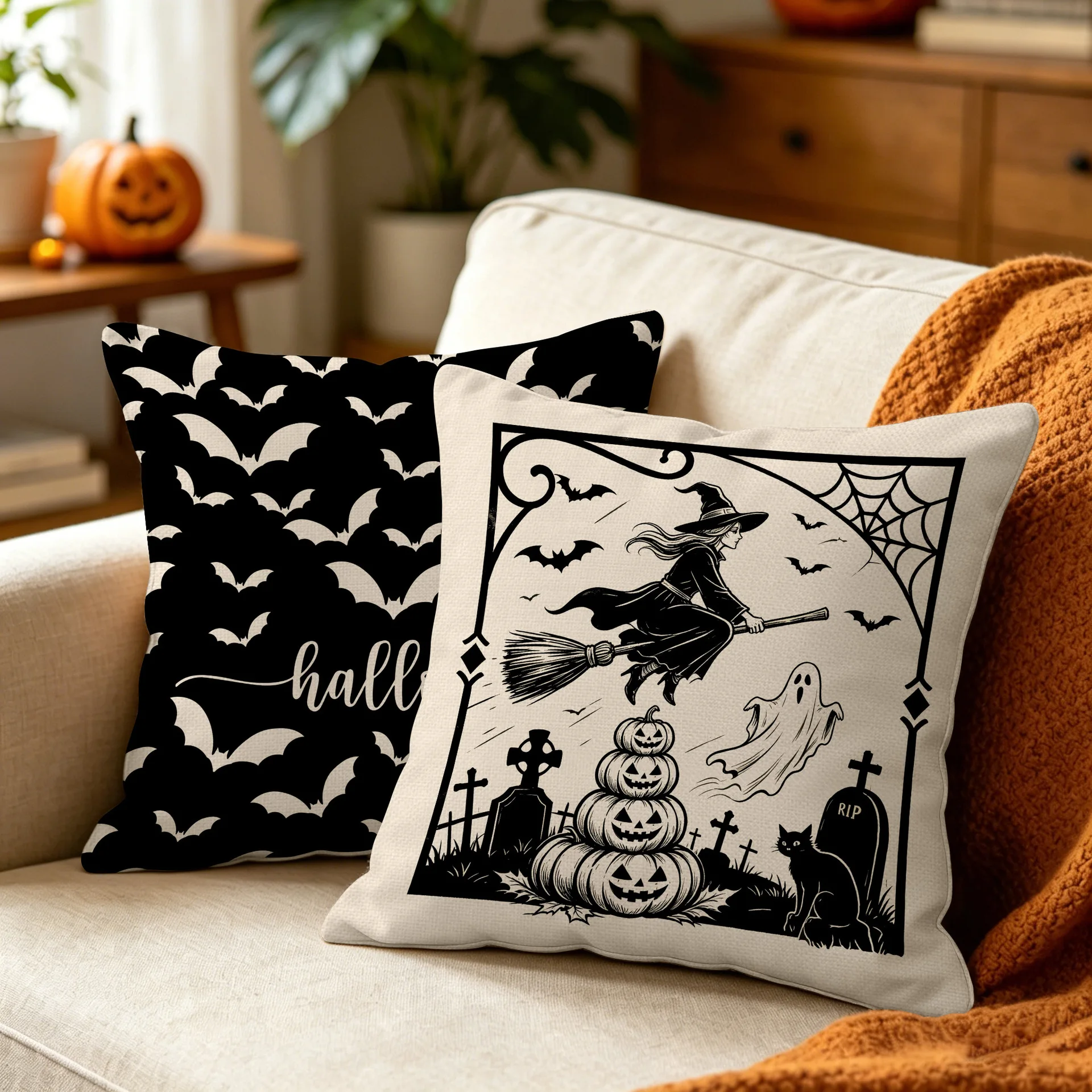 4Pcs Halloween Pillow Cover Ghost Print Set Skull Head Pillow Living Room Decoration Sofa  Cover Does Not Contain Pillow Core