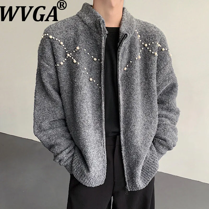 

WVGA осень-зима новые мужские вязаные куртки-кардиганы нишевые шикарные повседневные свитера с жемчужным украшением на молнии с воротником-стойкой пальто W16223