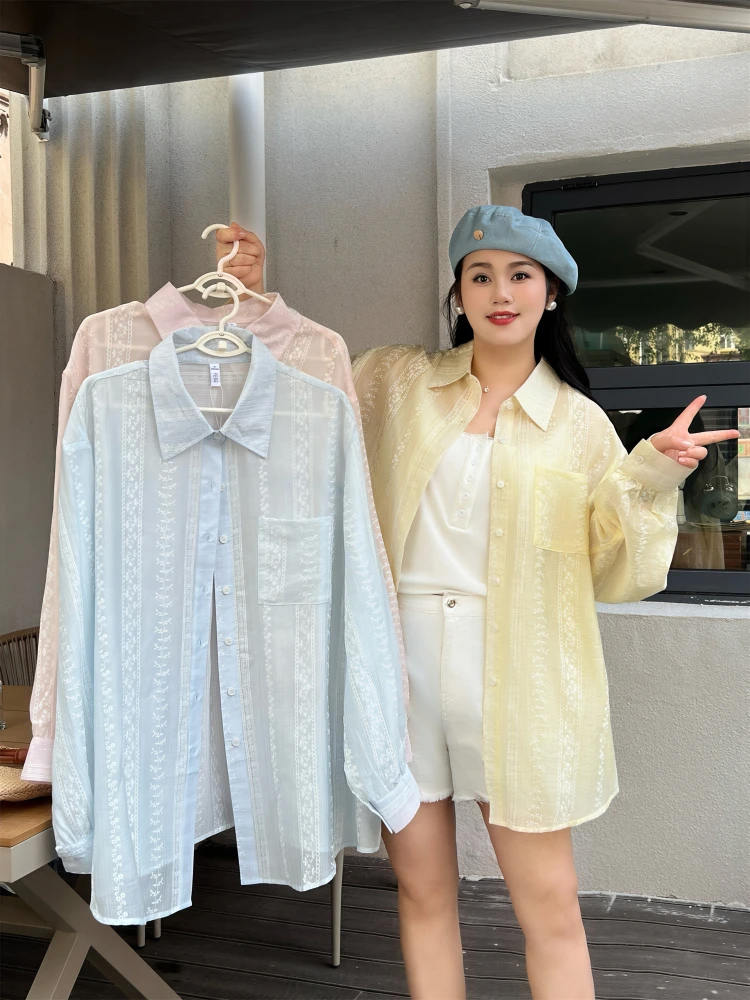 

Loose Long Sleeve Textured Korean Style plus Size Women's Shirt Slimming Thin Outerwear Casual Commute Straight Tube Shirt