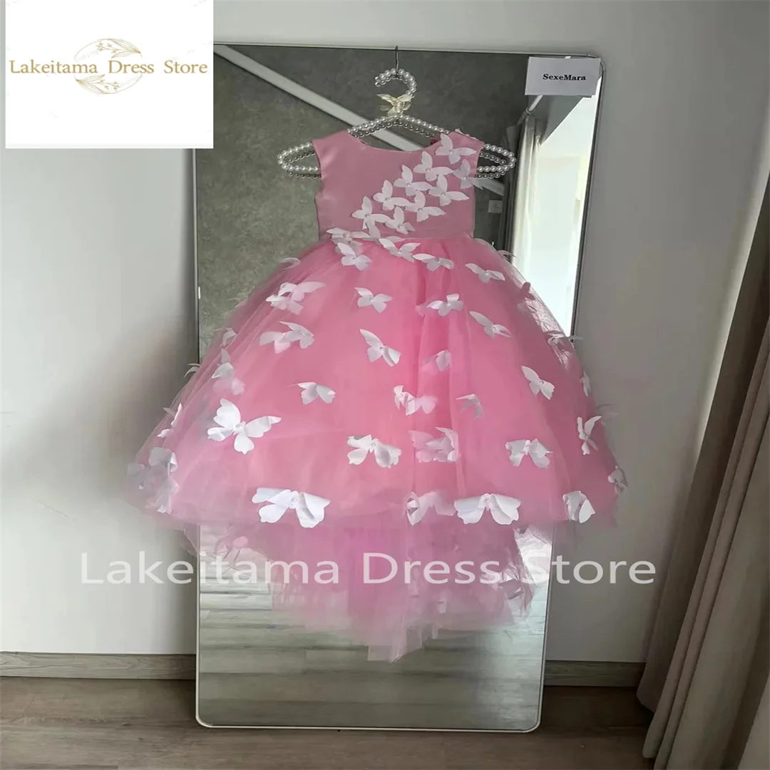 Flower Girl Dress Lovely Baby Girls Birthday Party Dresses Pink Dresses 3D Butterfly Girls Celebration Pageant Dresses