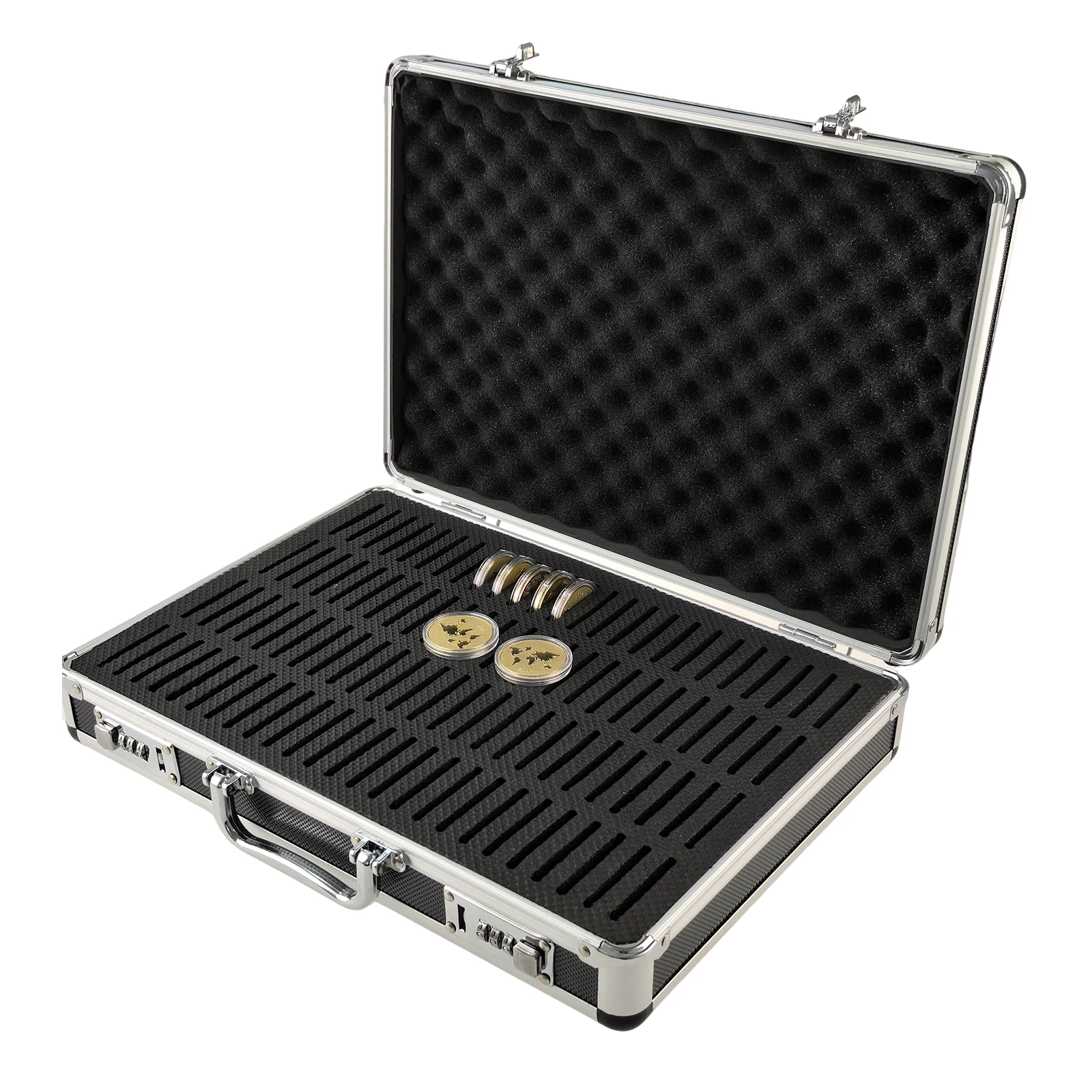 100 Slots Coin Storage Display Box with Lock, Aluminum Alloy Case for Coin Holders Collector Capsule Organizer Organizer