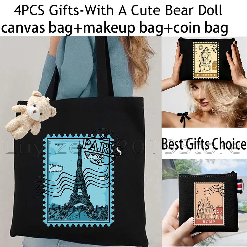 4PCS London New York Paris Rome Italy Stamps Gifts Black Canvas Tote Bag Handbag,Cosmetic Makeup Bag,Coin Purse Wallet Pouch