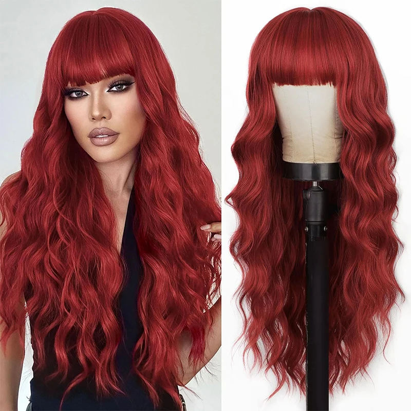 Burgundy Red Synthetic Wigs for Women Long Wavy Wine Red Cosplay Wig with Bangs Natural Body Wave Black Wigs Heat Resistant Hair