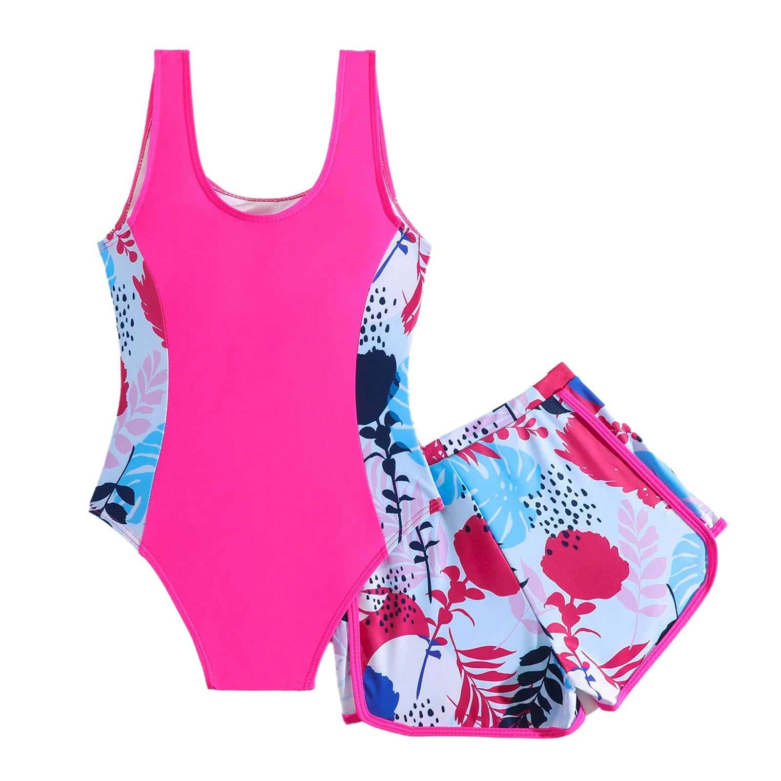Girls Printed Slimming One Piece Sleeveless Swimsuits with Shorts Two-Pieces Bathing Suit Swimwear for Beach Holiday Surfing