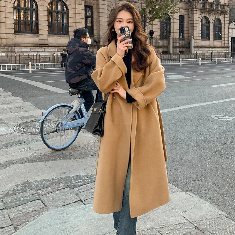 Black Double sided wool Coat Women\'s 2024 Autumn Winter New Korean version Loose Lace up Woolen Coats Female Slim Long Overcoat