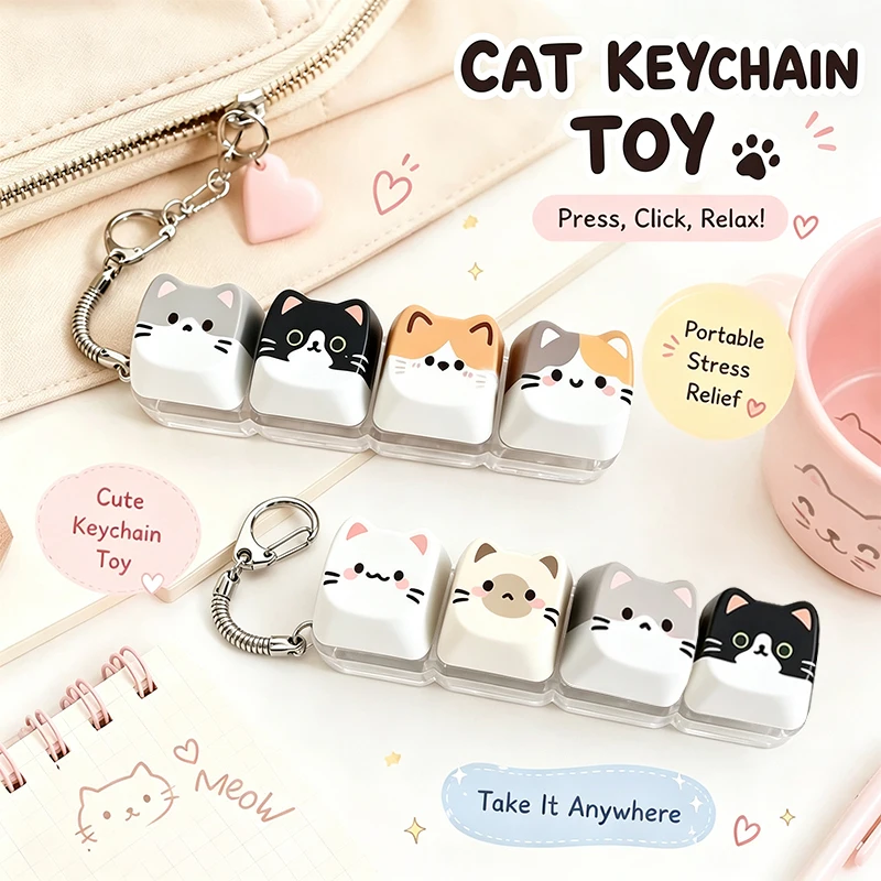 Cute Cat 4-Key Keyboard Fidget Toy, Crisp Sound Relax Button Keycap, Portable Stress Relief Fidget Clicker Keychain Gift