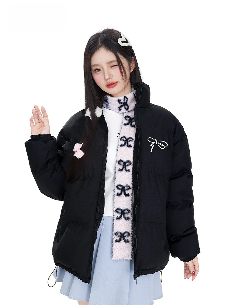 

Itono New Simple Bla Knot Cotton Jaet Women's Warm Korean Sle College Faion Versatile Winter Top