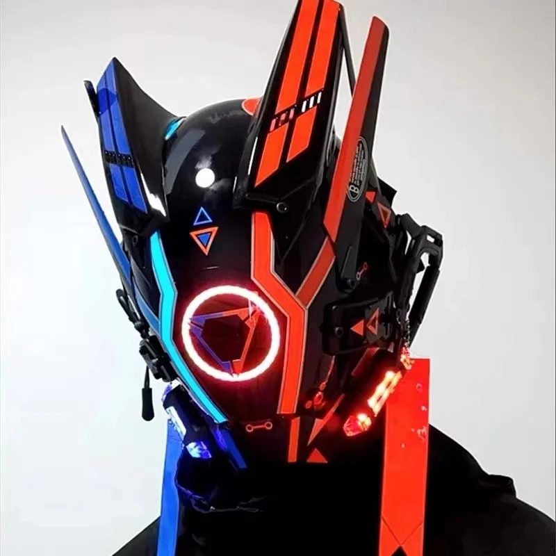 Cyber Punk Mask Halloween Sci-Fi Mech Samurai Mask With Circle LED Light Cosplay Costumes Mechanical Warrior Helmet Coser Props