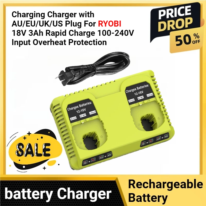 

Dual Charging Charger with AU/EU/UK/US Plug for RYOBI 18V 3Ah Rapid Charge 100-240V Input Overheat Protection