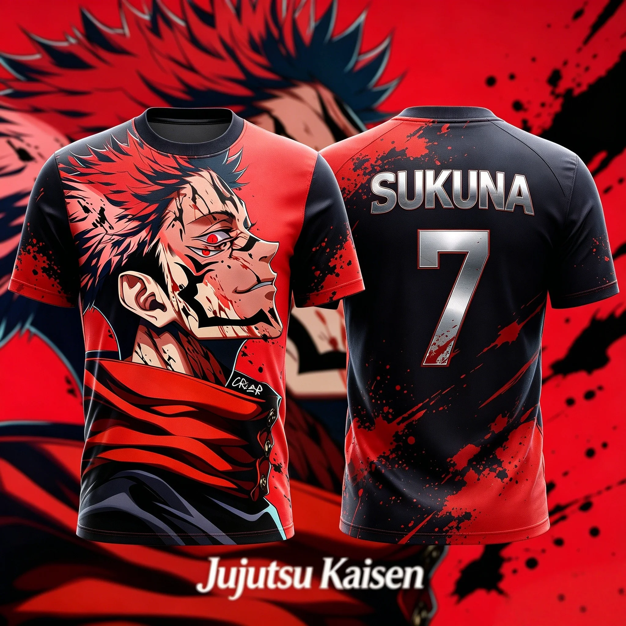 

2026 Summer Jujutsu Kaisen Sukuna Red Splash 3D Print Sports Jersey Oversized Anime Fan Tee