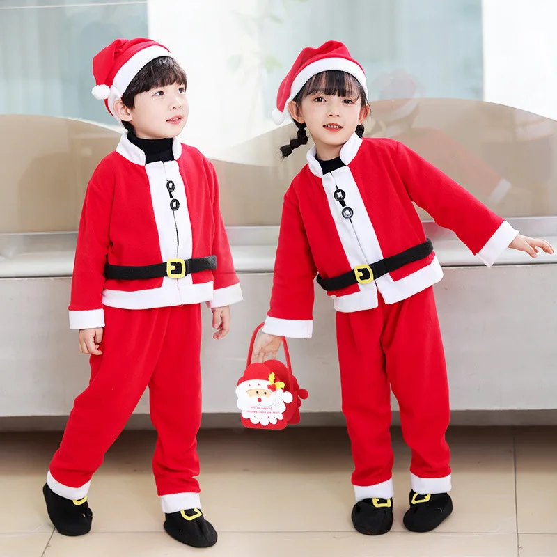 Santa Claus Costumes Kids Christmas Cosplay Party Clothing with Hat Cloak Skirt Santa Claus Stage Show Costumes Boys and Girls