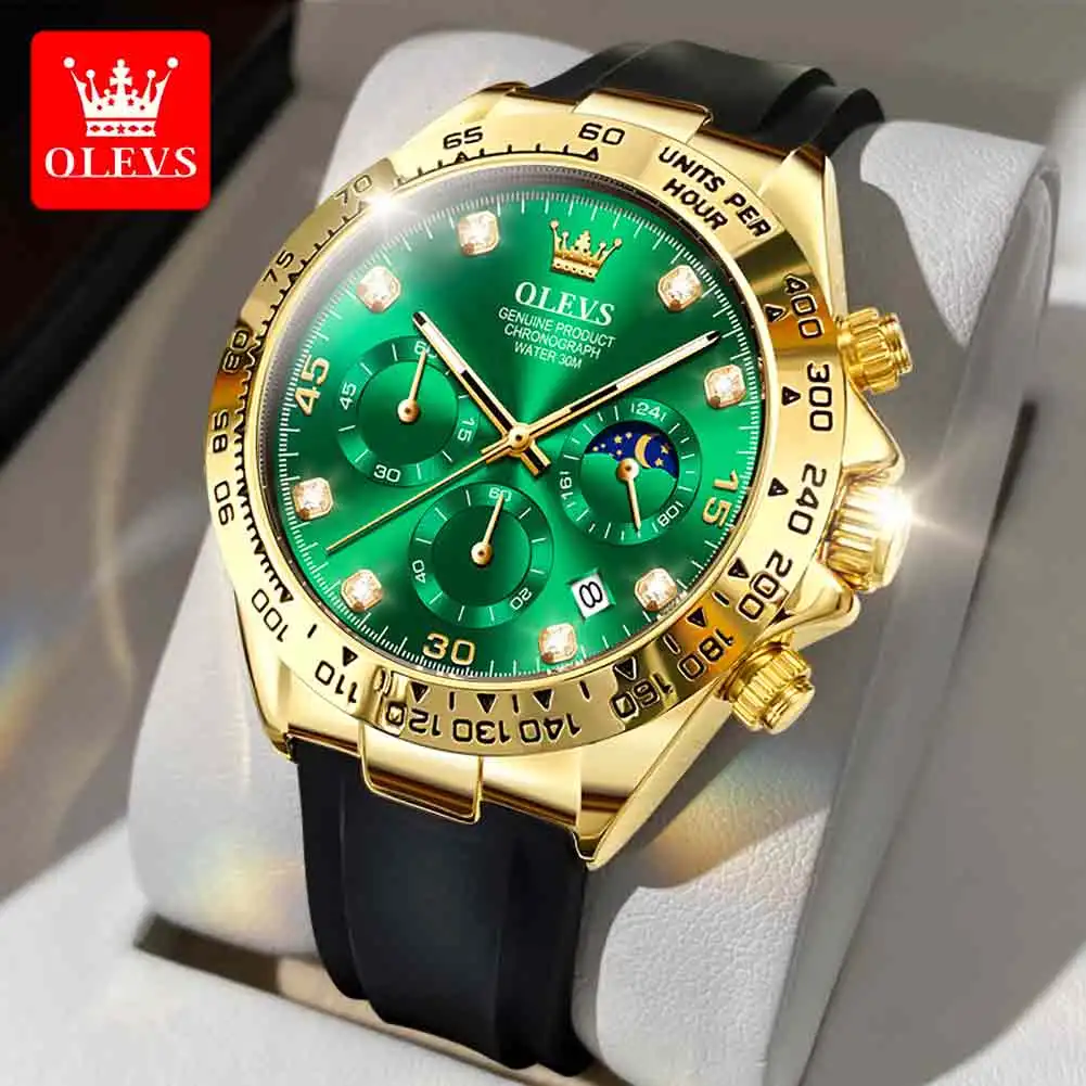 

OLEVS Watch for Men Gold Watch Silicone Luminous Waterproof Luxury Multifunction Analog Chronograph Moon Phase Men Quartz Watch