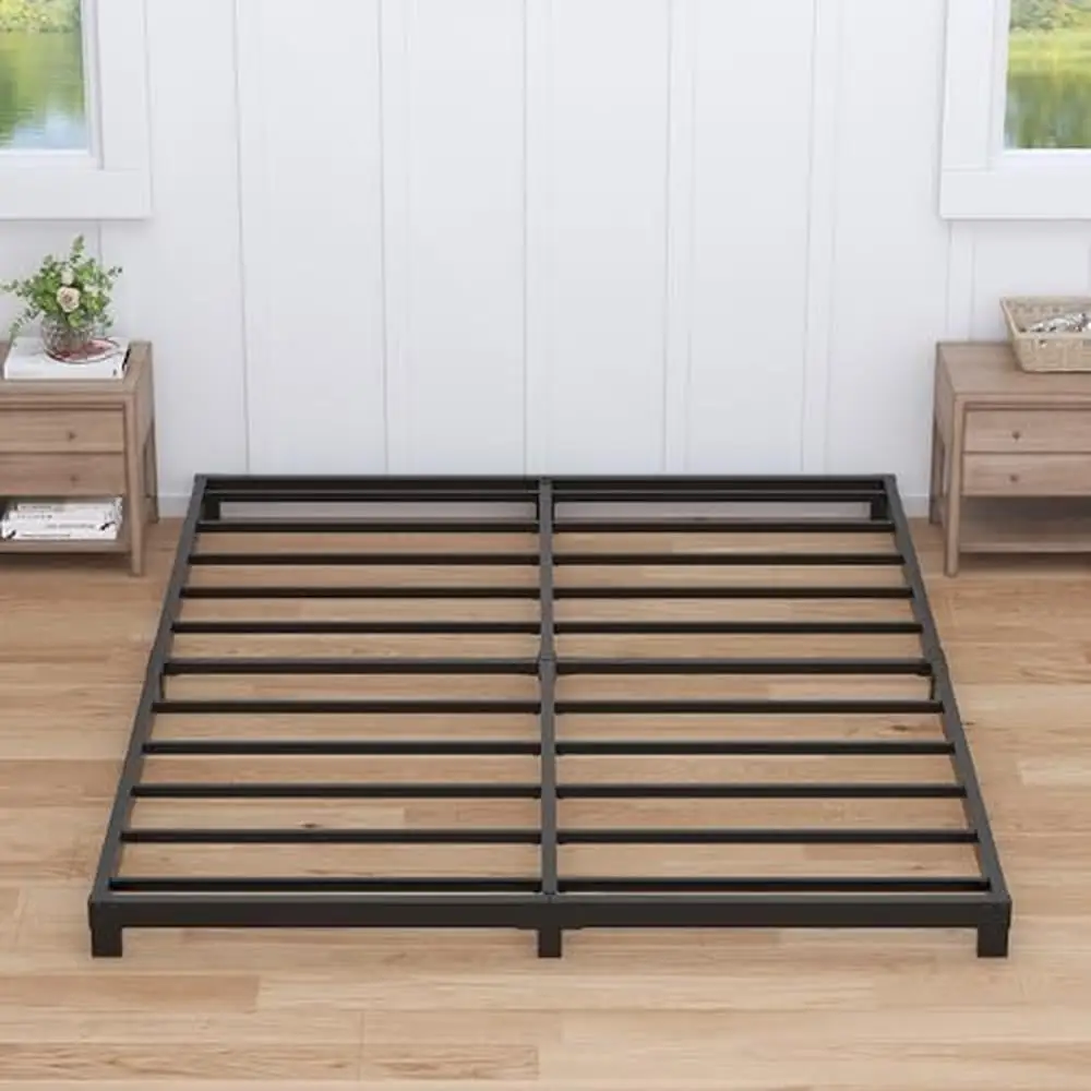 

Heavy Duty 4 Inch Low Profile Black Metal Queen Bed Frame Noise-Free Easy Assembly Ideal Latex Mattress 3000 lbs Support