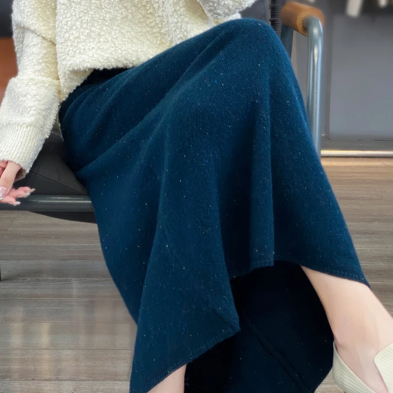 2024 outono/inverno nova casual lã pura malha meia saia para mulher, cintura alta, cor ponto solto médio a longo saia linha a
