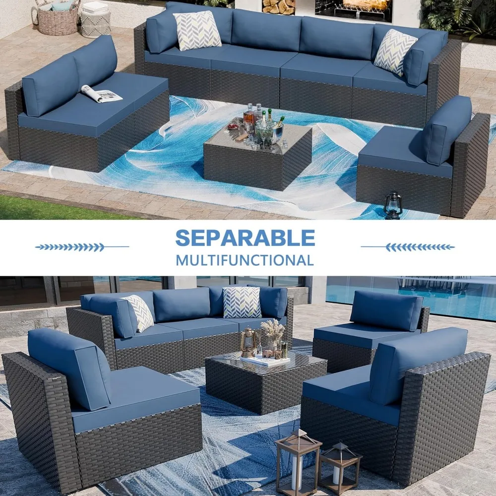 7Pieces Outdoor Patio Sectional Sofa Couch, Black Wicker Furniture Conversation Sets with Washable Cushions & Glass Coffee Table