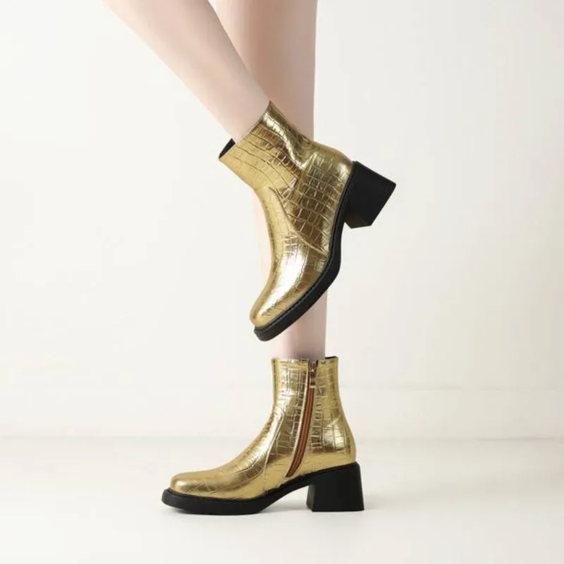 

Winter Women Western Ankle Boots Faux Crocodile Leather Med Heels Party Office Zipper Cowgirl Boots Platform Ankle Boots
