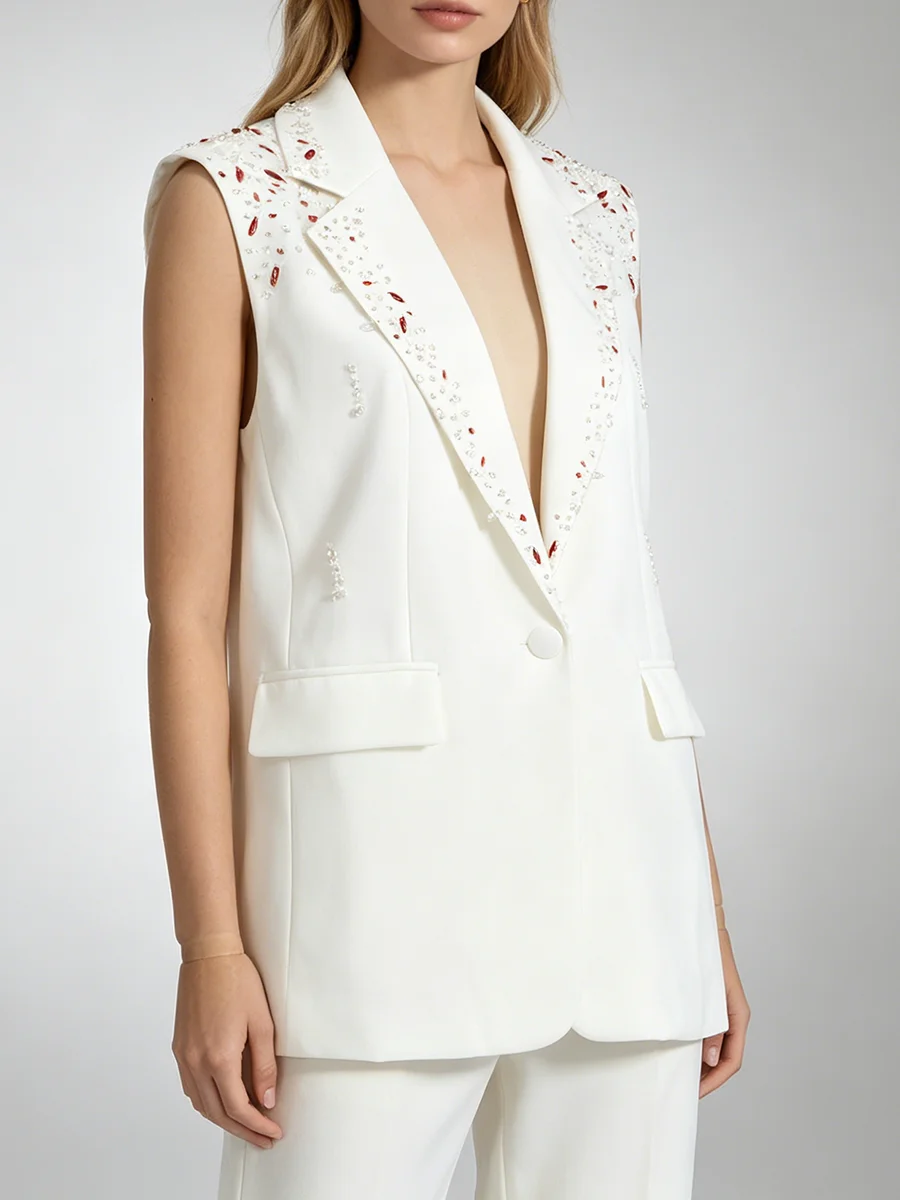 TWOTWINSTYLE Black Fashion Events Crystal Embellished Vest for Women Slimming Design Sleeveless Blazer Coat for Stylish Outings