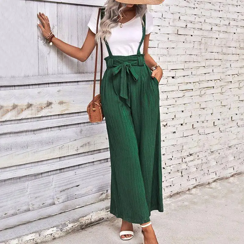 

Adjustable Wide Leg Overalls Women's Fashion Summer Cross-Border Pure Color Utility Pants mid Waist Long Trousers Polyester