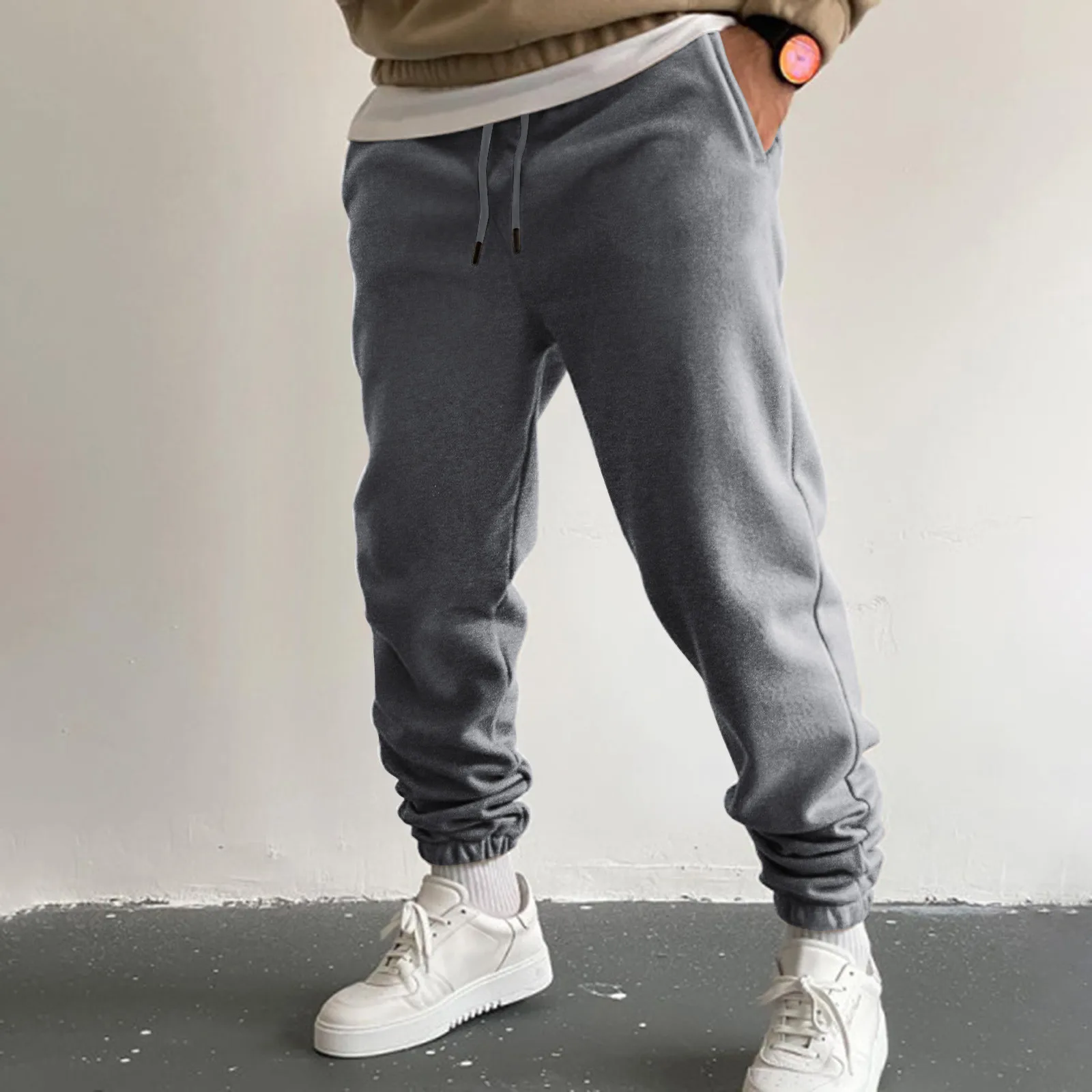 Mens High Street Pants Fashion Leisure Loose Sports Running Solid Color Lace Up Pants Sweater Pants Chinos Slim Fit