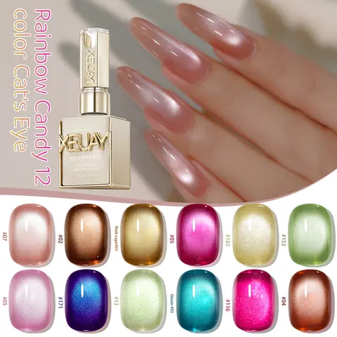 XEJAYI 12-teiliges 15 ml Regenbogen-Süßigkeits-Katzenaugen-Gel-Nagellack-Set, UV-LED-Nagelgel zum Einweichen, semi-permanent, DIY-Nagelkunst in Salonqualität