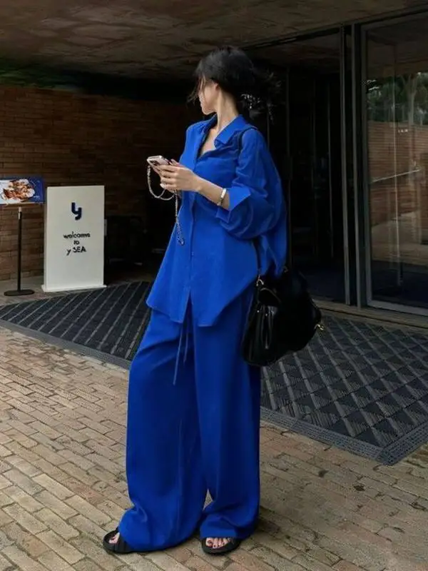 Slimming Effect Klein Blue Women's Fashion Set Casual Shirt And Pants Spring Summer Season Long Sleeve Casual Style Polyester...