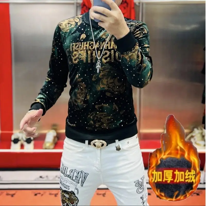 High-End Winter New Autumn Men's Velvet Bronzing Rhinestone round Neck Fleece-Lined Sweater Fashion Personalized Patterns Street