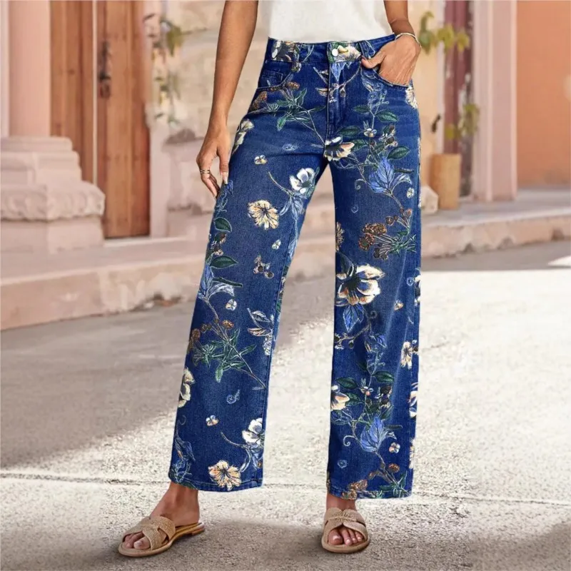 

Women Print Jeans Wide Leg Pants High Waist Full Length Pockets Distressed Denim Washed Straight Trousers Casual Distressed