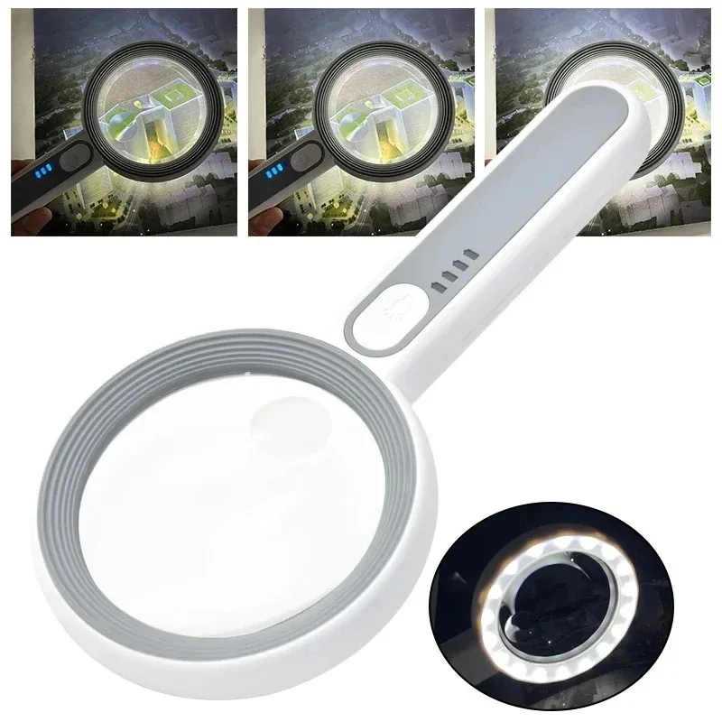 Rechargeable 12X LED Illuminated Handheld Magnifier 3 Light Modes for Seniors Reading Jewelry Inspection Craft Work