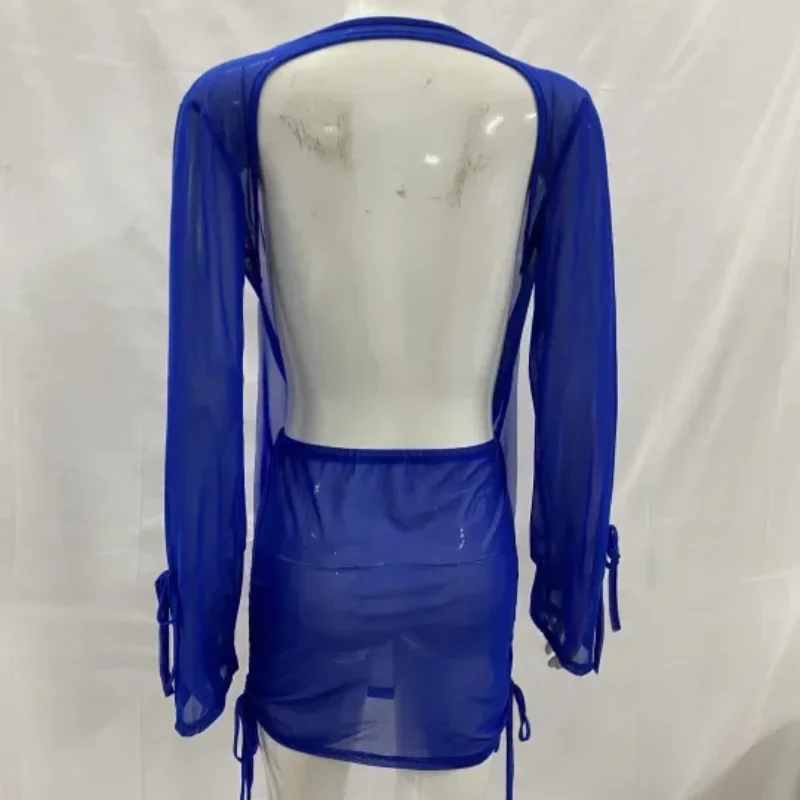 عميق الخامس خط العنق المنخفض مثير شبكة انظر من خلال عارية الذراعين كم طويل الرباط الصيف الصلبة Bodycon عناق الورك تنورة المرأة قطعتين مجموعة