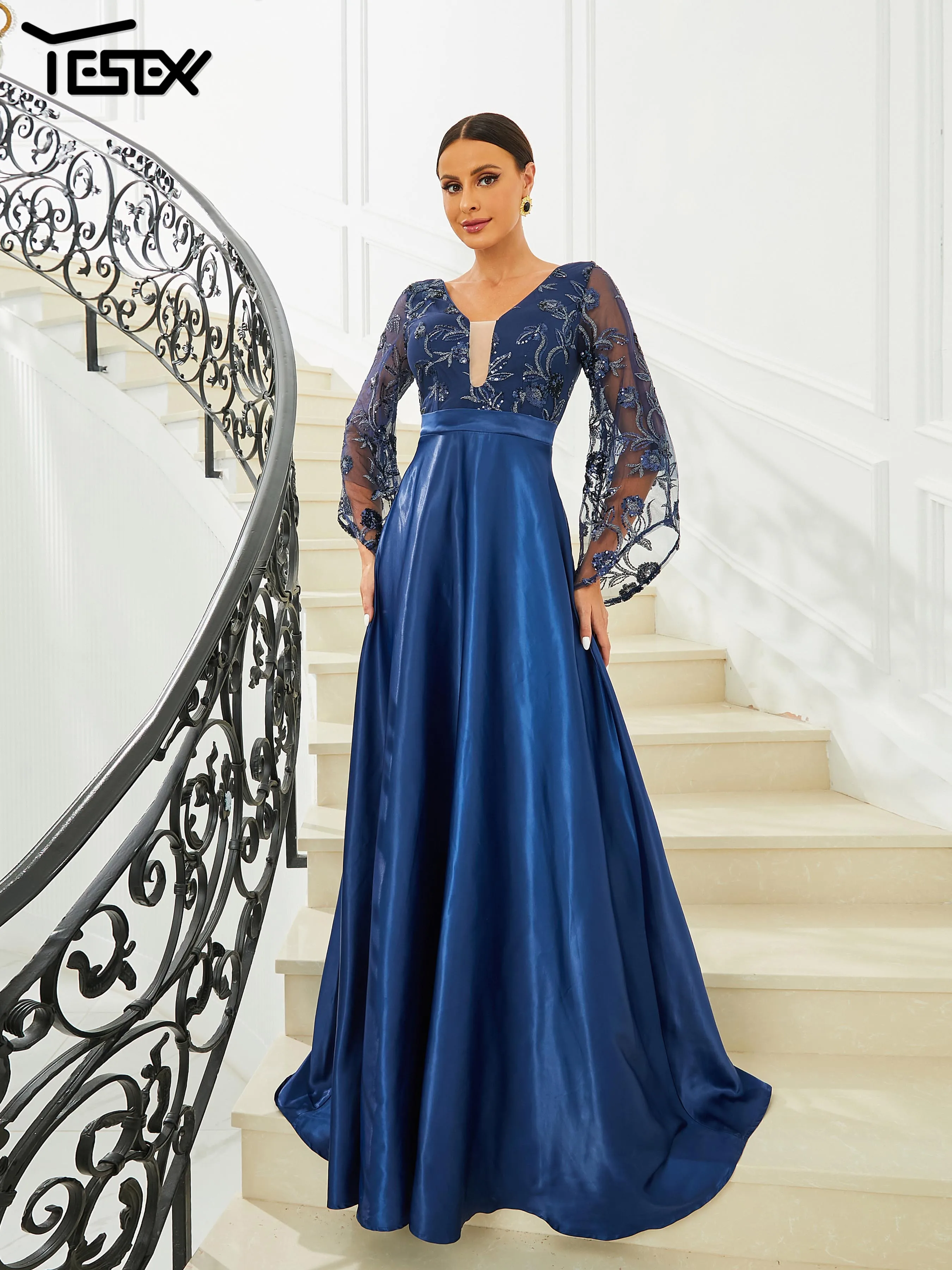 Yesexy New Bell Sleeve Blue Elegant Party Dresses For Women 2023 V Neck A Line Prom Party Evening Dress