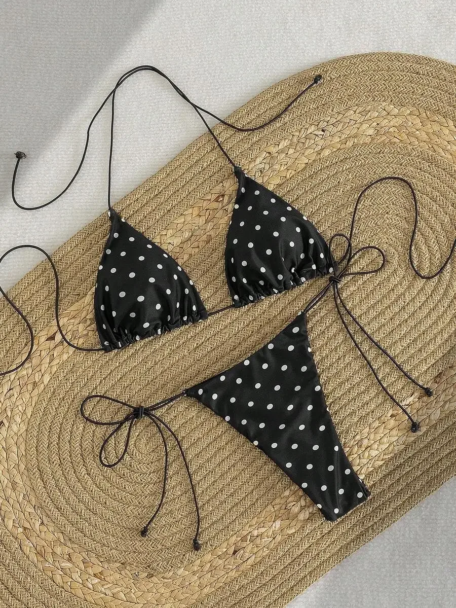 Light Blue Polka Dot Triangle Bikini Set With Adjustable Straps For Women Summer Beach Wear