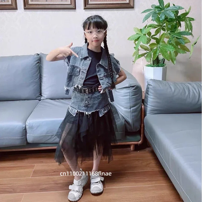 Jazz-Tanz-Outfit-Set für Mädchen, Denim-Stoff, Streetdance, Tanzgruppe, Bühnenbekleidung, Kinder-Modenschau, Aufführung, Kindertanz – Detail 3