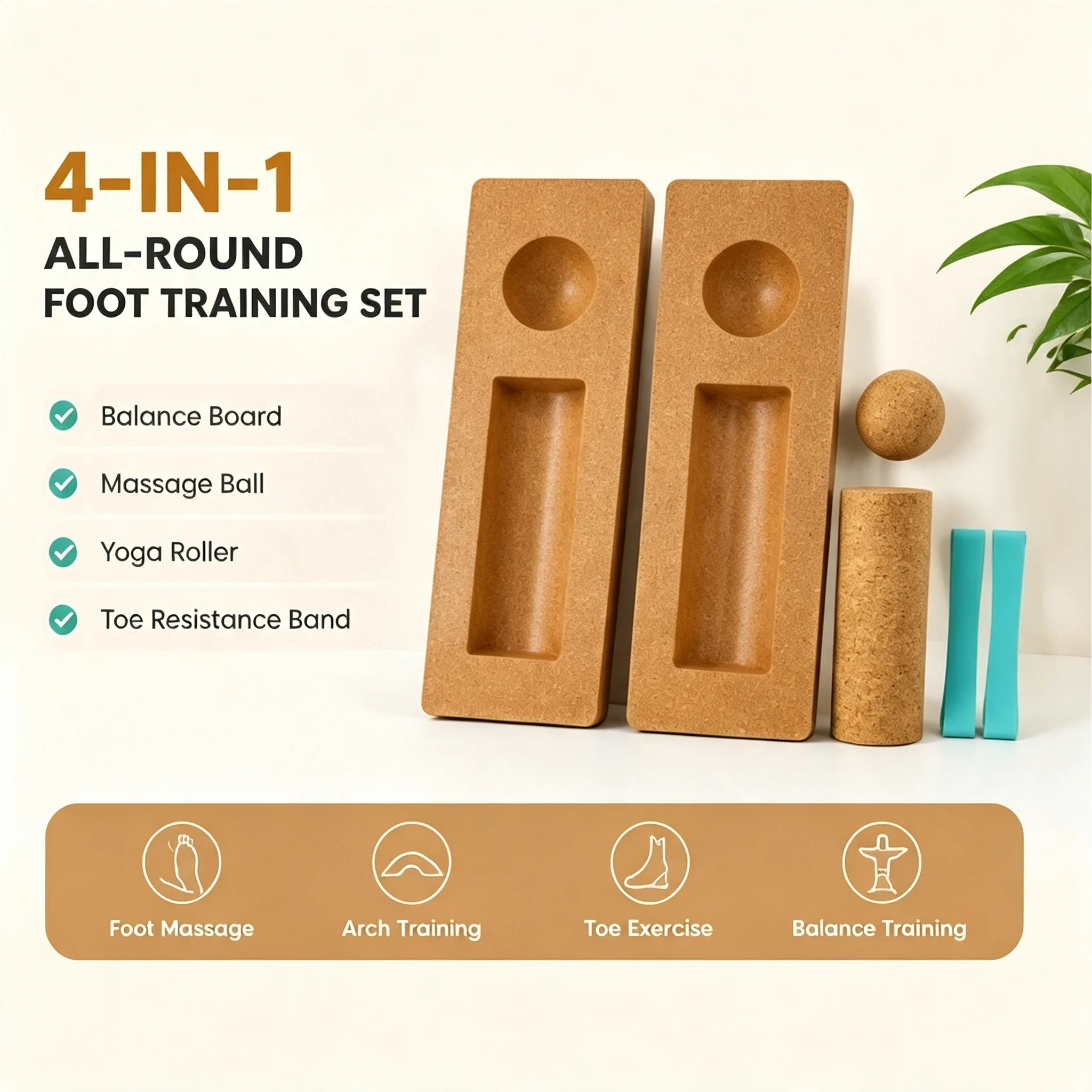 4 In 1 Natural Cork Foot Exercise Kit Foot Arch Trainer Plantar Massage Ball Balance Board Toe Resistance Band Foot Muscle