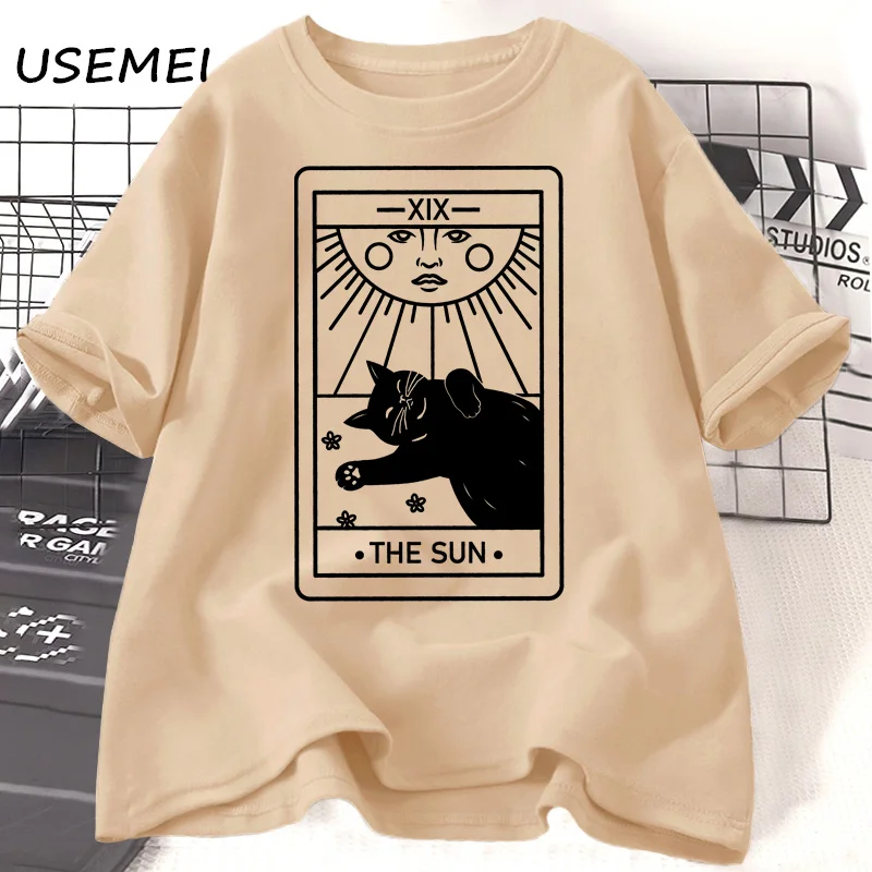 Tarot The Sun T-Shirt Women Causal Witchy Black Cat Mom T Shirts Summer Cotton Cat Lovers Tee Casual Short Sleeve Woman Clothing