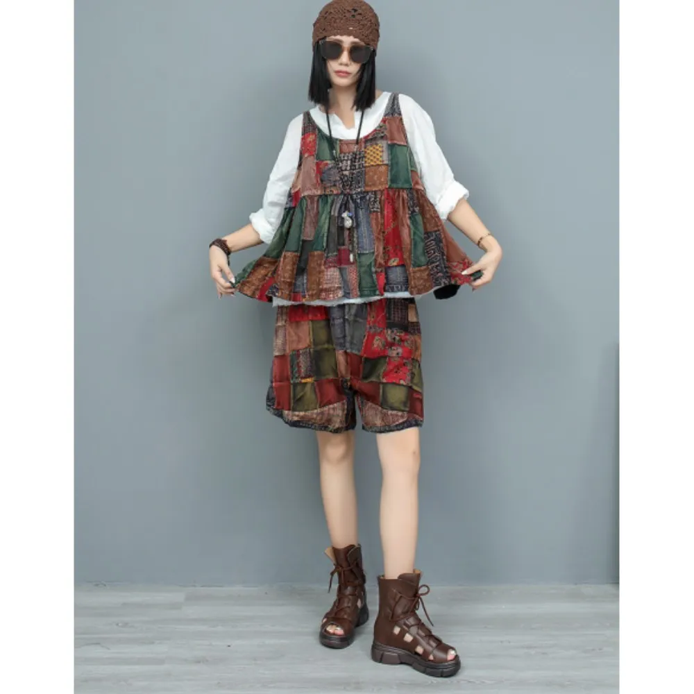 

Heavy Industry Old Cloth Contrast Color Suspender Vest + Shorts Two-piece Set Women 2024 Summer Fashion Short Set ZF063