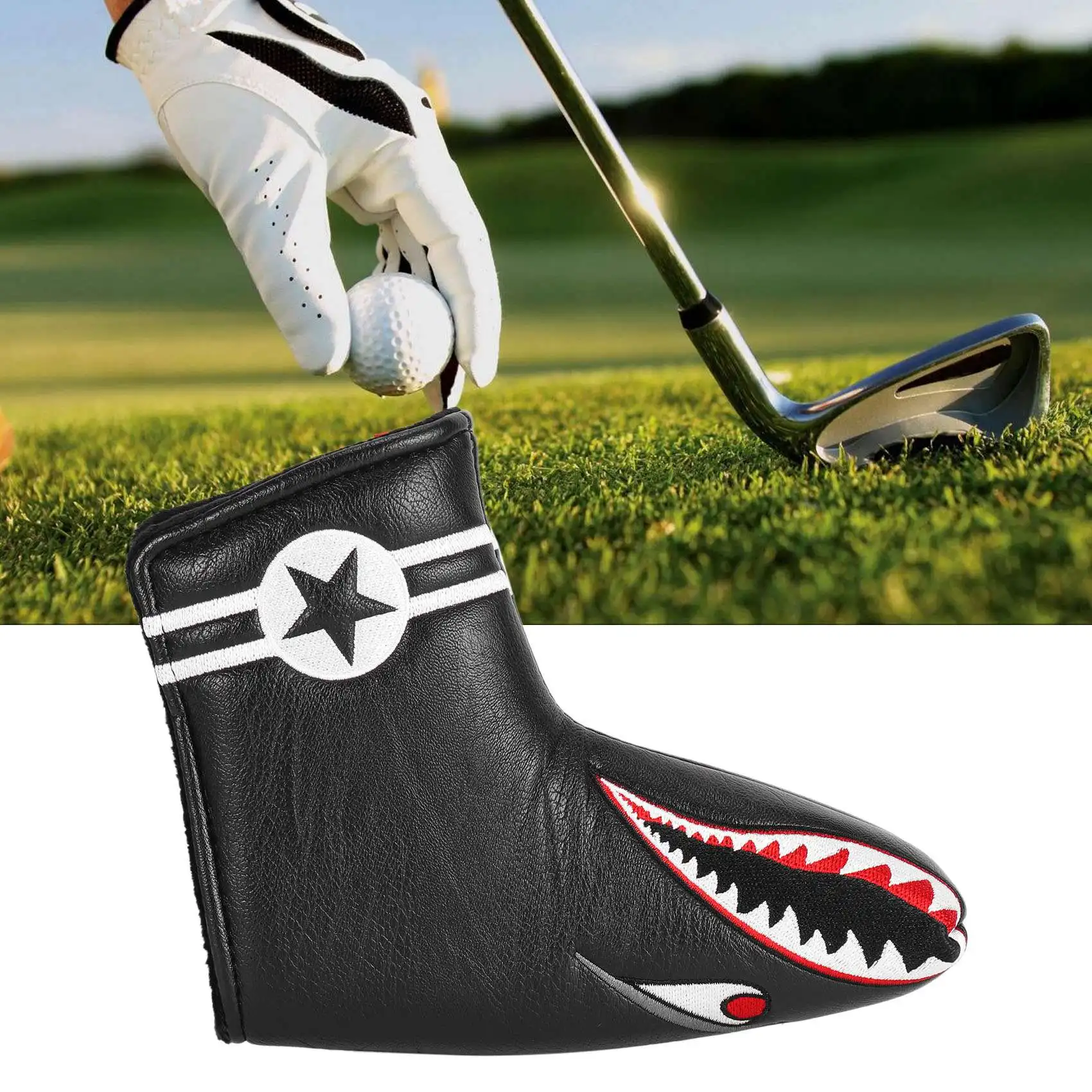 A69P-1Pc Black PU Leather With Shark Embroidery Magnet Golf Blade Putter Head Cover Golf Club Putter Headcover