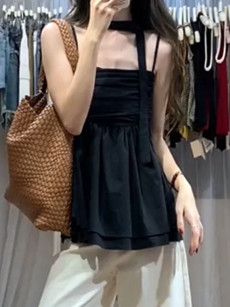 Y2k سترة فضفاضة ذات ثنيات سوداء جمالية 2025 صيفية هاراجوكو الجنية ضمادة قميص قصير حلو الجرونج نمط عطلة عتيق