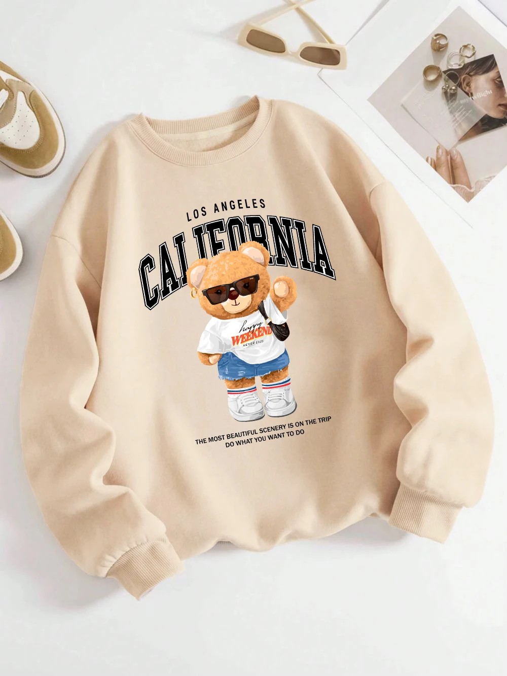 Autumn Winter Womens Pullover California Letter Trend Bear Printing Hoodie Loose Crewneck Warm Fleece Sweatshirt Street Clothing