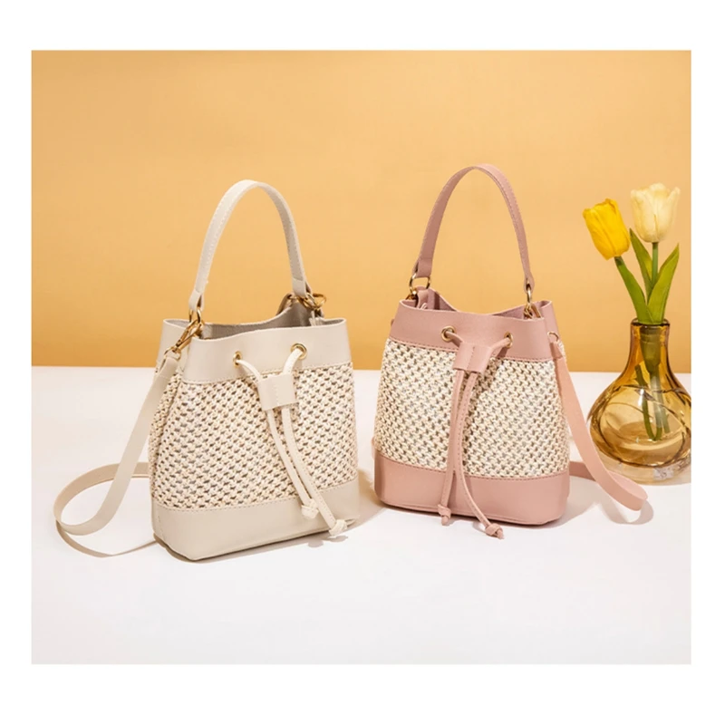 Bucket Bag For Women Drawstring Handbag Beach Straw Woven Crossbody Bag Fashionable Simple And Elegant Summer Messenger Bag